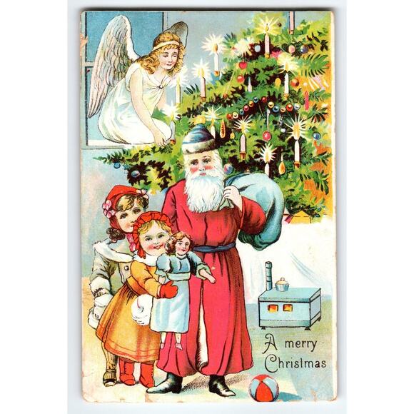Vintage Santa Claus Christmas Postcard with Angel Tree And Children Germany - Picture 1 of 2